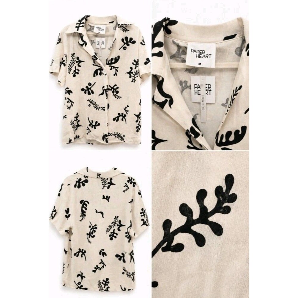 Paper Heart Women’s M Linen Blend Button Up Shirt Black Cream Botanical Print...